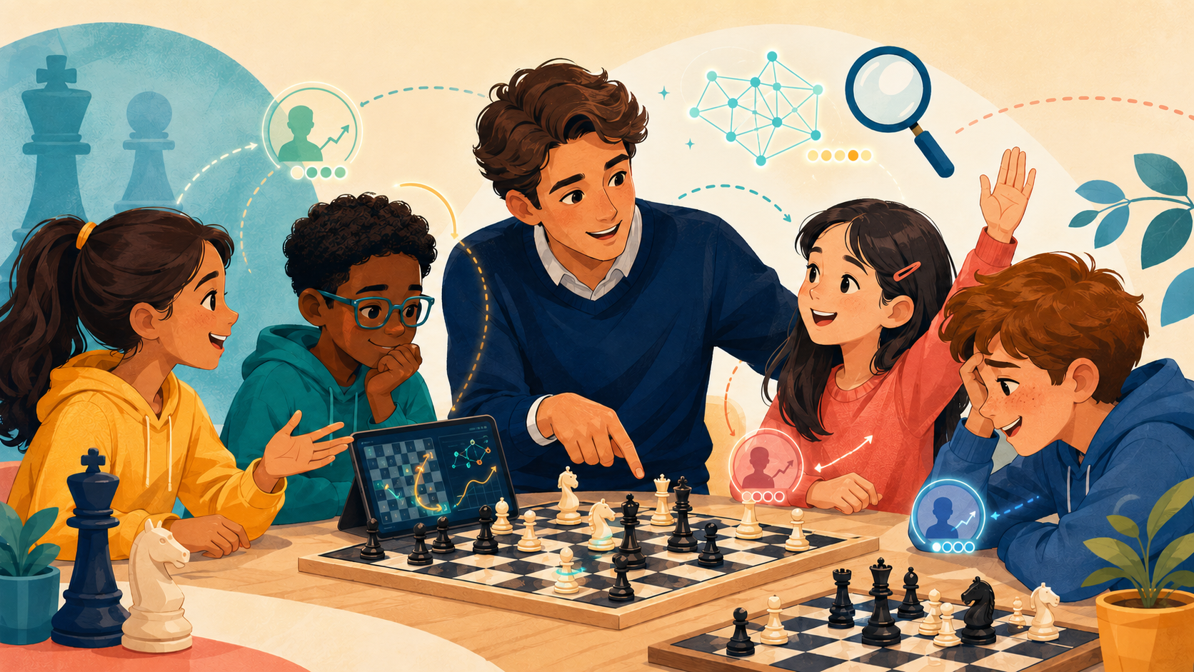 A chess coach guiding four children in a lively small-group lesson