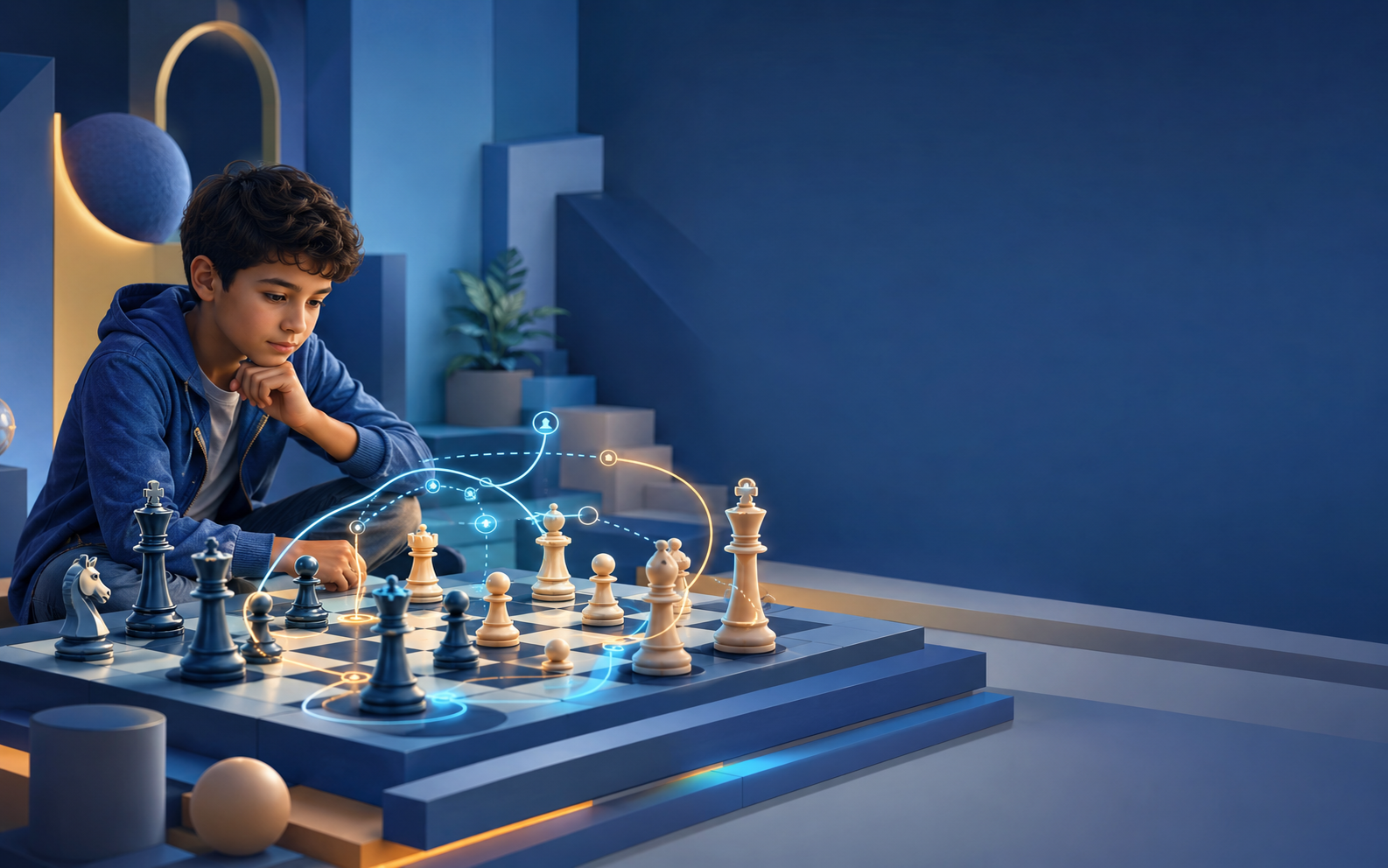 A boy exploring strategic possibilities on a chessboard