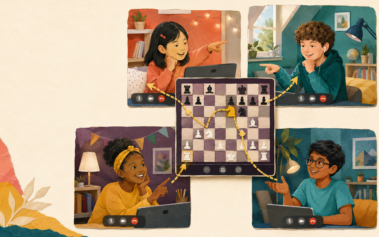 Four children learning chess together in a live online group