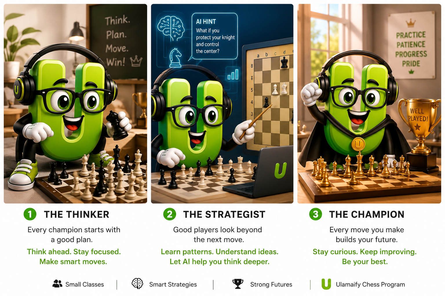 Uchess demonstrating the thinker, strategist, and champion learning journey