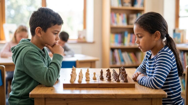 Two children playing chess, demonstrating the cognitive and problem-solving benefits of chess for kids in an educational setting.