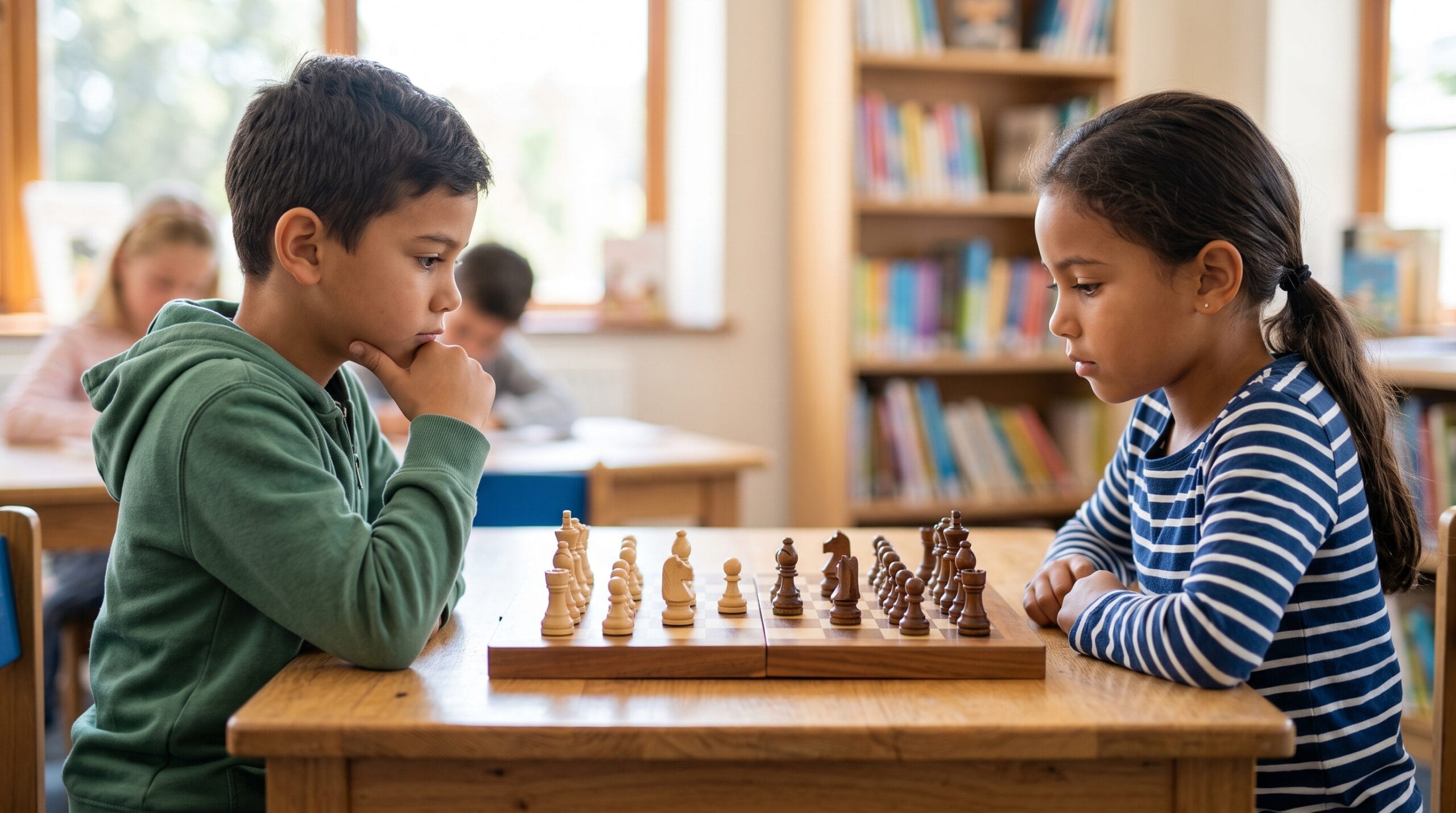 Two children playing chess, demonstrating the cognitive and problem-solving benefits of chess for kids in an educational setting.