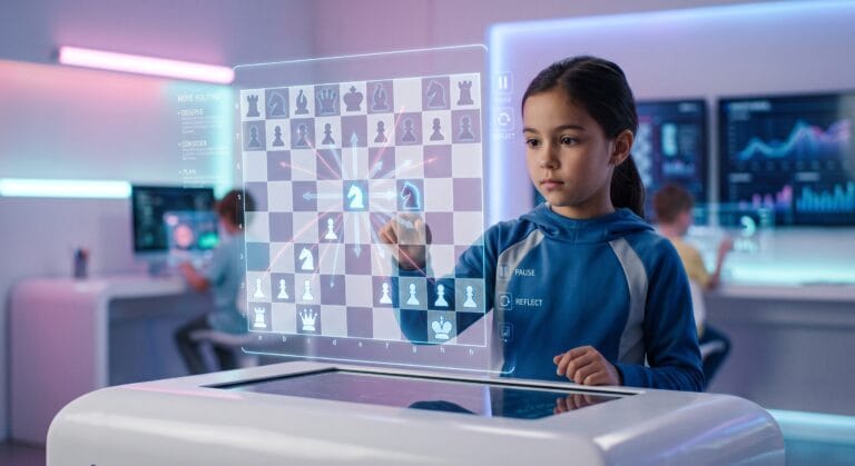 A young girl uses a futuristic holographic chessboard interface in a modern innovation lab, visually demonstrating visible thinking and cognitive exploration through structured decision-making, as taught at Ulamaify Chess Academy.